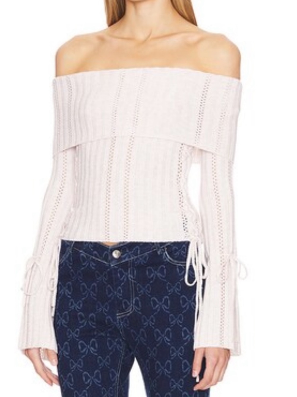 Loba Off-Shoulder Cream Knit Sweater with Tie-Sleeve Detail
